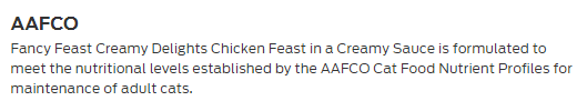 AAFCO nutritional claim for fancy feast creamy delights chicken feast in a creamy sauce