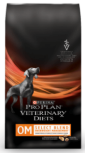 Bag of Purina pro plan veterinary diets OM dog food
